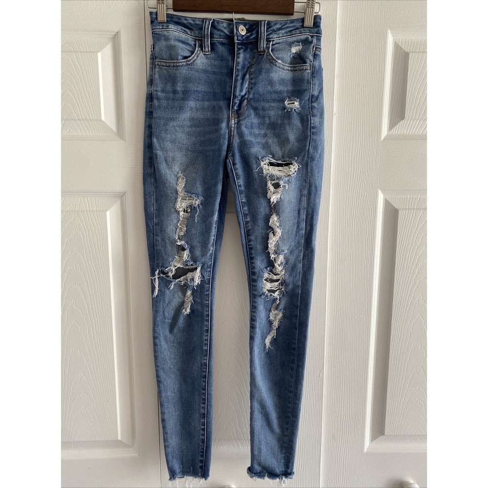 American Eagle Next Level Stretch Skinny Jeans Womens Size 2 Blue Distressed Y2K
